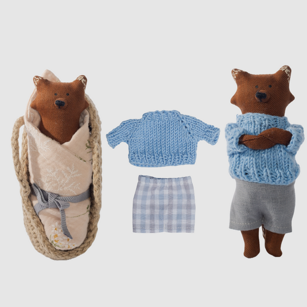 PK baby|狐狸寶寶+藍毛衣+灰褲I13cm 手工時尚熊